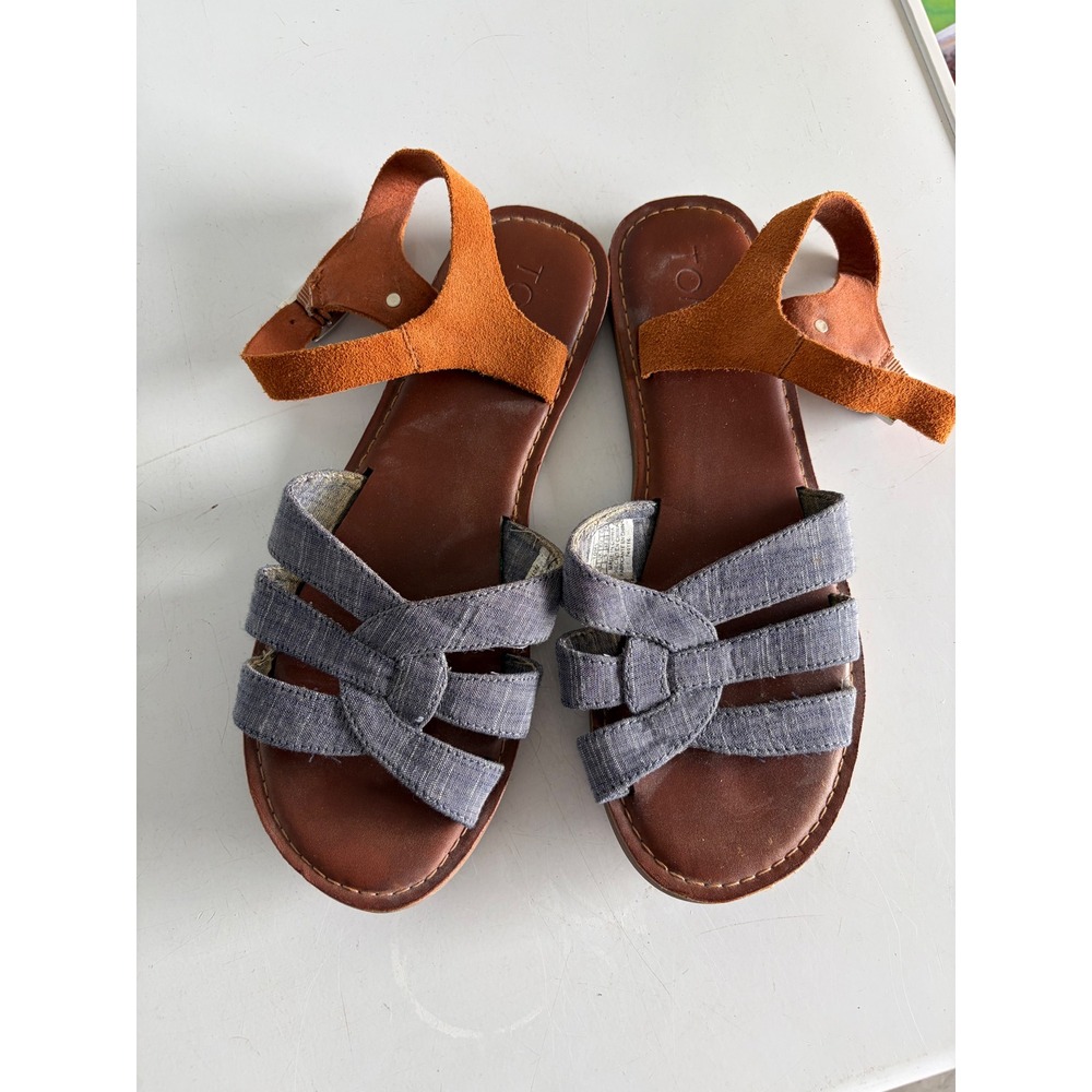 TOMS Womens Blue Fabric Cognac Suede Strappy Flat Sandals Size 7 740116